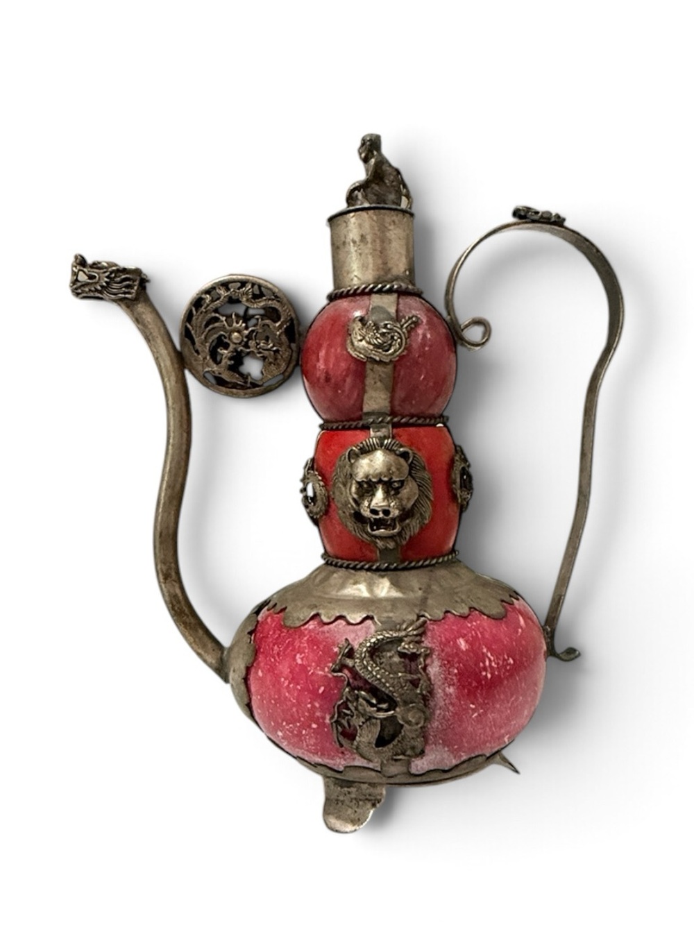Vintage Tibetan Silver & Stone Teapot-Dragon, Lion , Fish Overlay